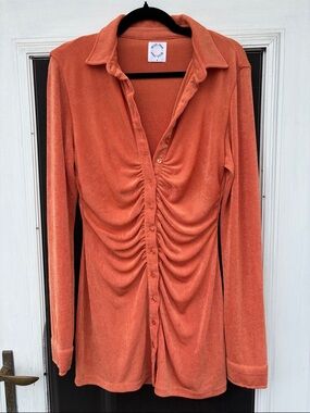 With Jean Ruched Button-Front Coral Orange Shirt Dress-S